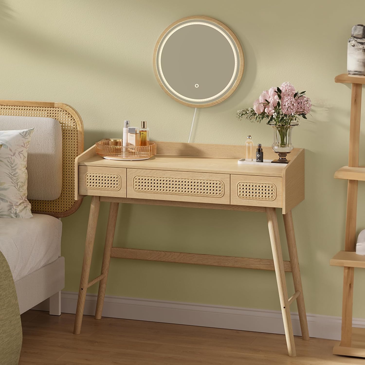 SONGMICS HOME Coiffeuse avec Miroir et Lumière, Table de Maquillage, 3 Tiroirs Imitation Rotin, Lumière Réglable avec 3 Couleurs, Style Bohème, Chambre, Beige Chêne RVT007Y01