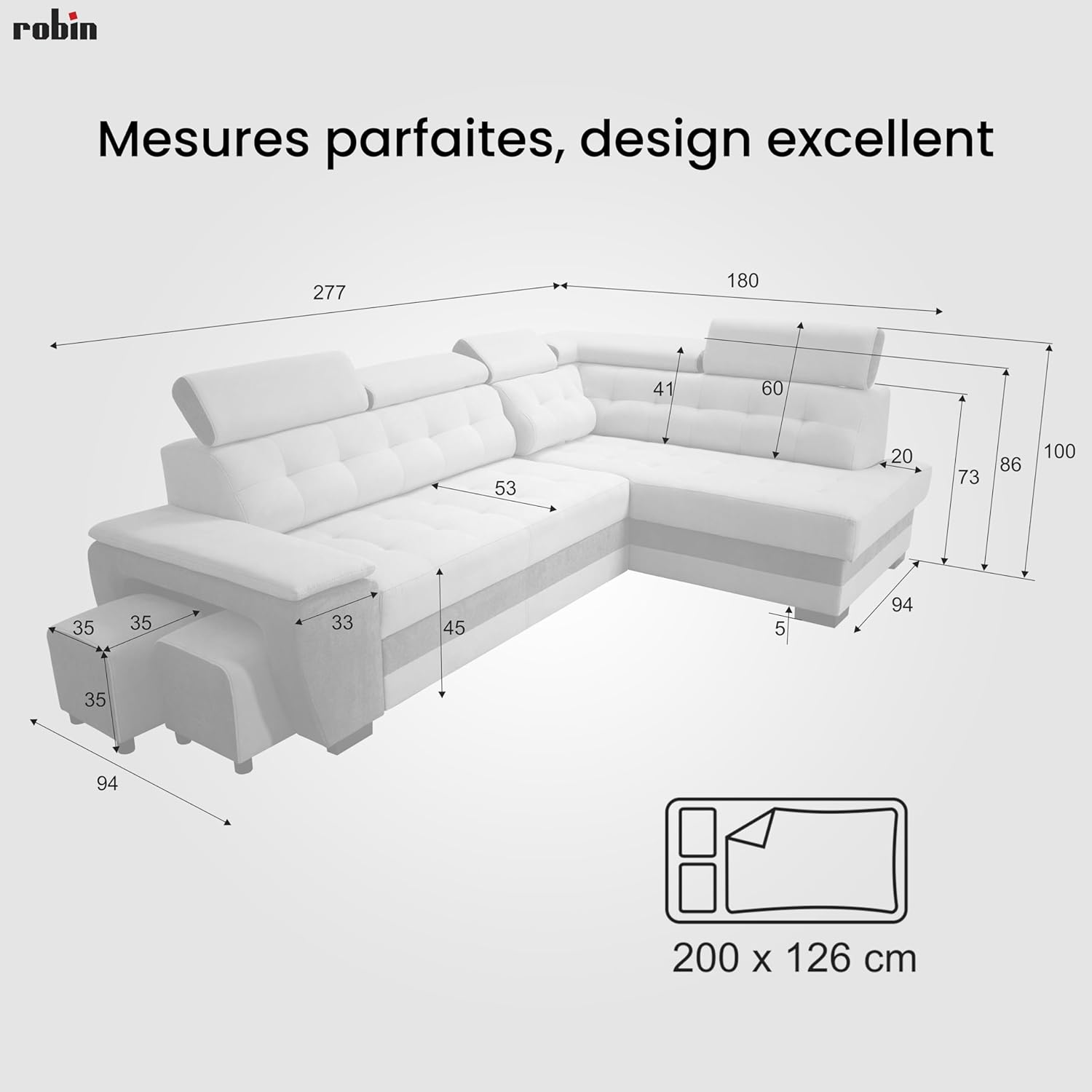 Robin Grand canapé d'angle Convertible avec Coffre de Rangement et Deux tabourets - Canapé d'angle autoportant en Forme de L - Appuie-tête réglables – Image 3