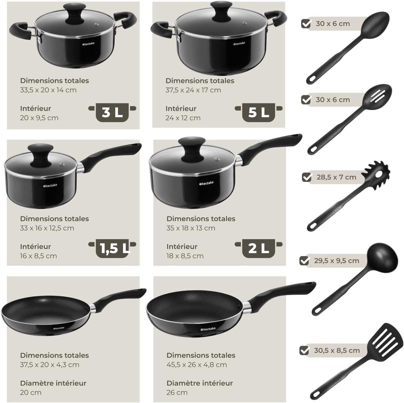 tectake® Set de cuisine 45 pièces, Service de table 6 personnes et Batterie de cuisine, Poêles, Casseroles, Assiettes plates, Assiettes creuses, Bols, Tasses, Louche, Spatule, Vaisselle en grès – Image 6