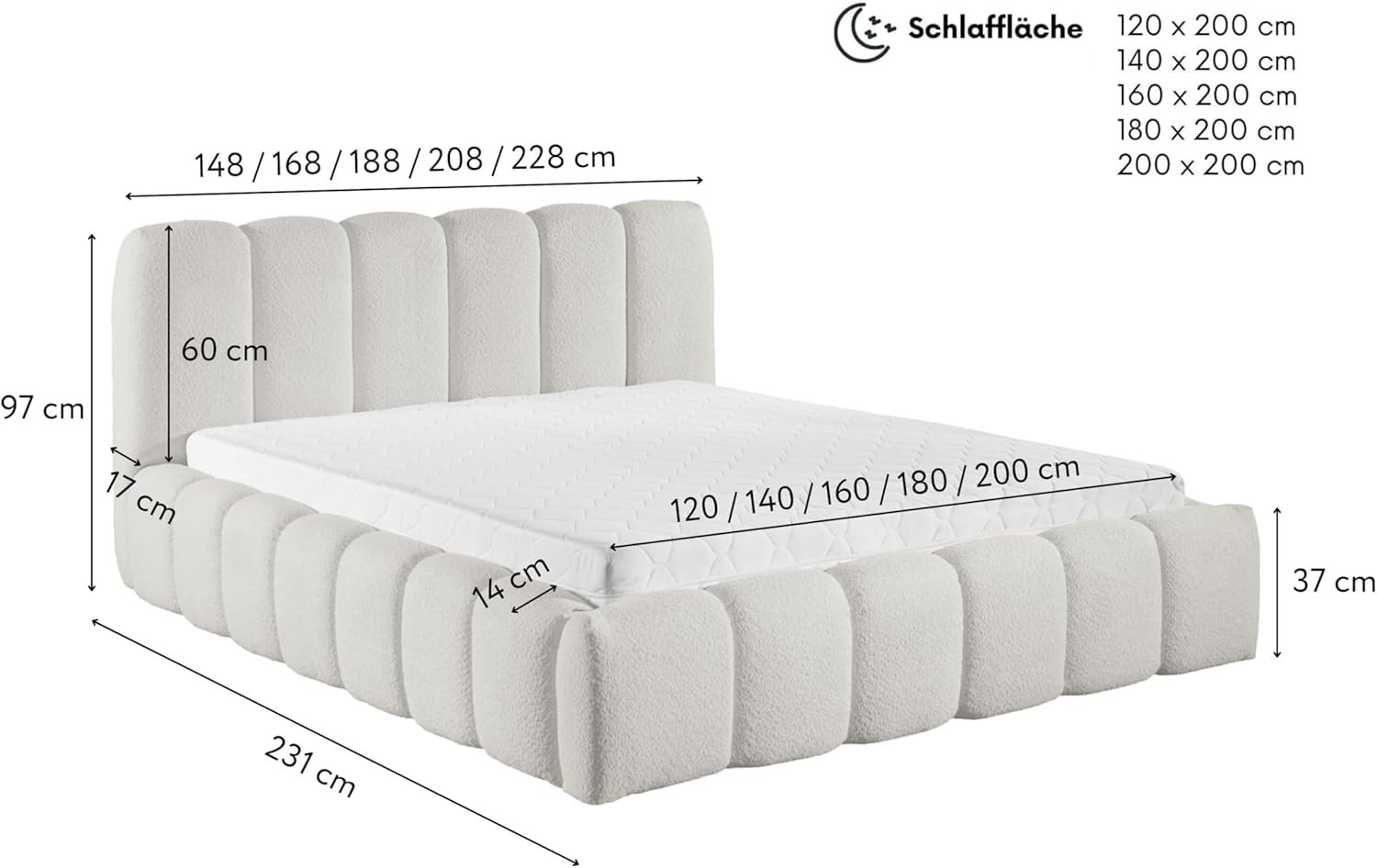 FURNISTAR MIA Lit capitonné avec coffre de lit, lit 140 x 200 cm, lit double avec espace de rangement et sommier à lattes, aspect lit à sommier tapissier, sans matelas, chambre à coucher - Blanc – Image 2