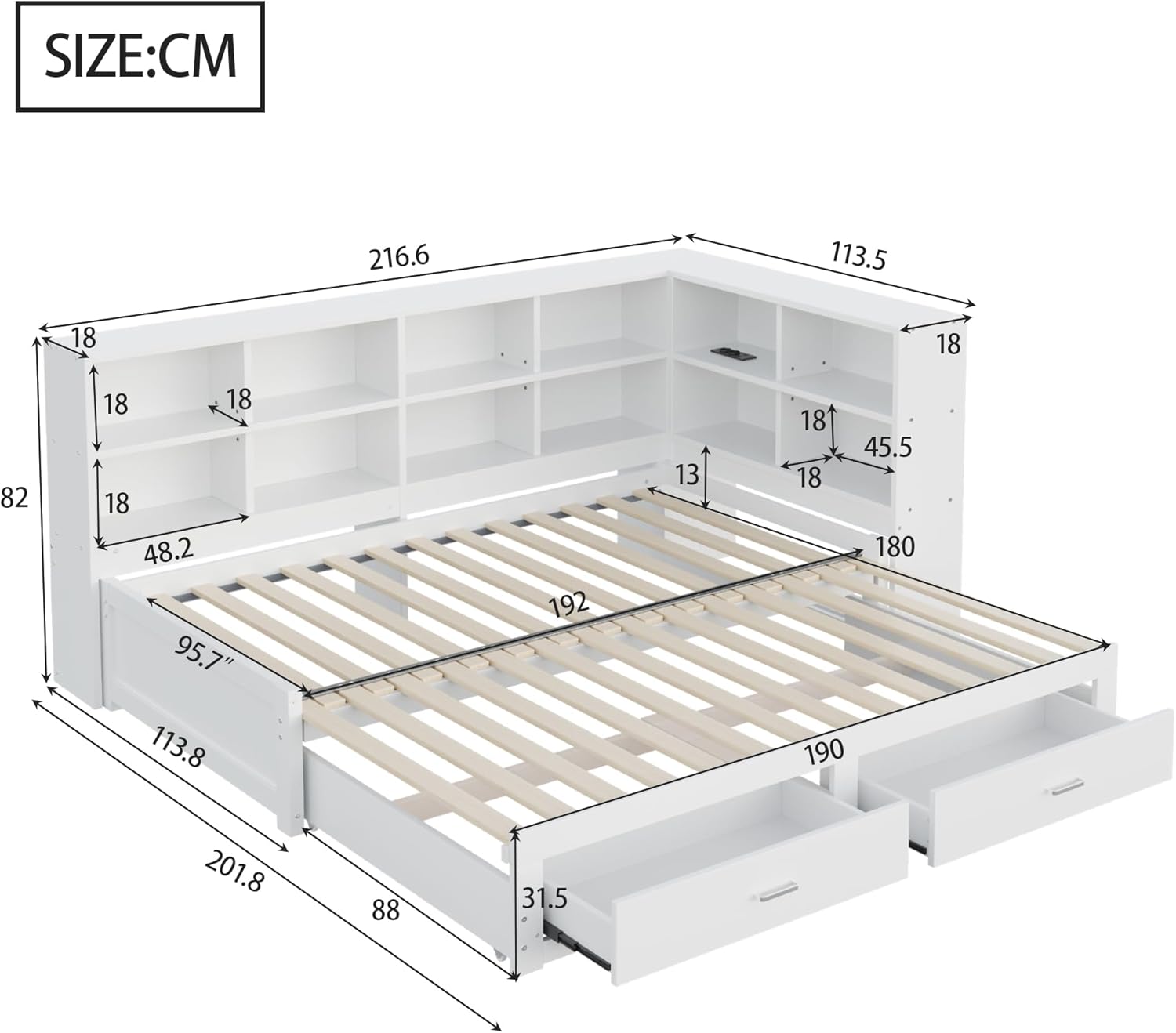 Lit Gigogne 90x190 cm + 180x190 cm - Lit en Bois avec Rangement et Prise Intégrée, Structure Pin et MDF, Matelas Non Inclus - Blanc – Image 2