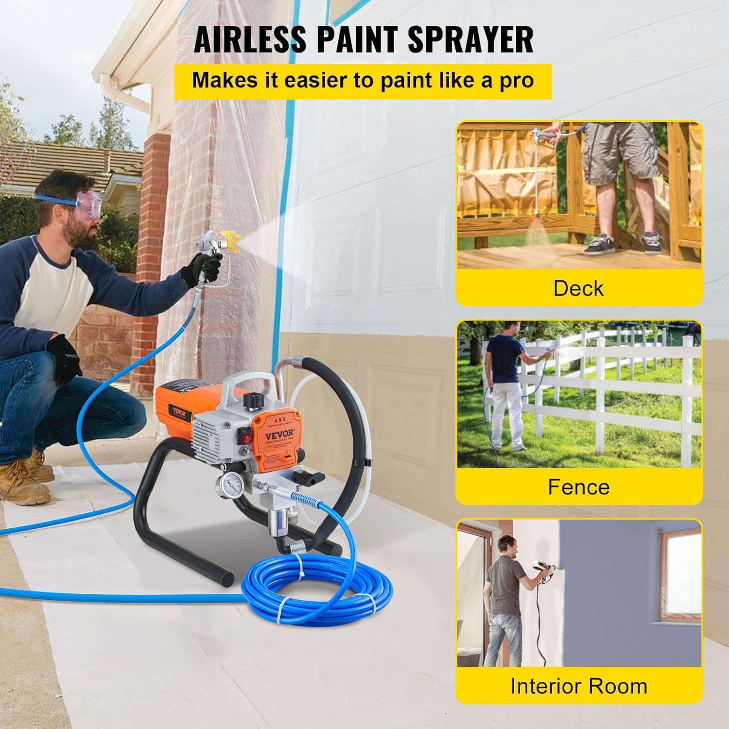 VEVOR Pulvérisateur sans Air avec Tuyau Haute Pression, Pistolet de Peinture Murale 1500 W, 3000 PSI, 1,8 L/Min, pour Peinture Intérieure et Extérieure Fournitures Clôtures Construction Maison – Image 2