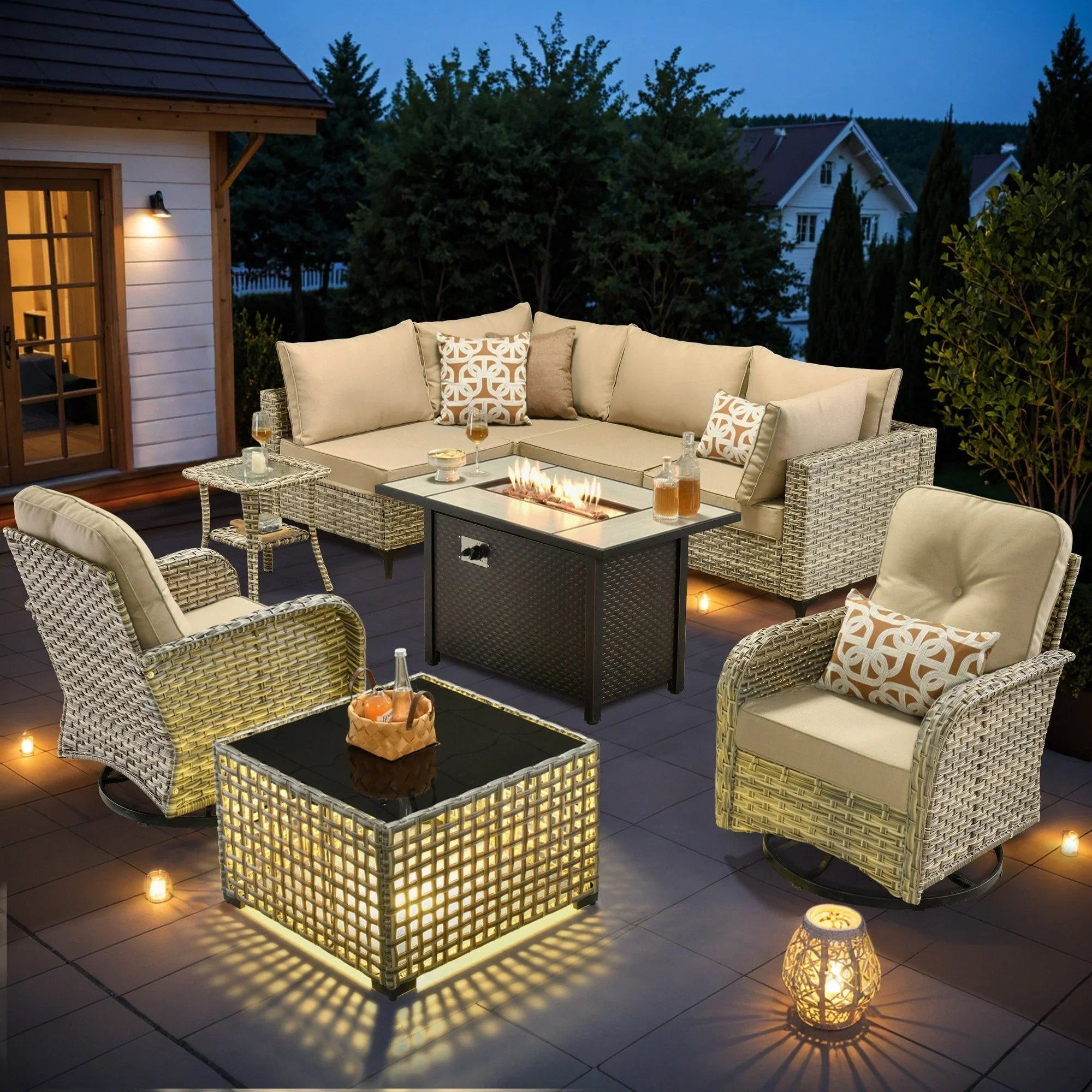 OVIOS 9 Pieces Outdoor Wicker Swivel Chair Set With Fire Table – Image 14