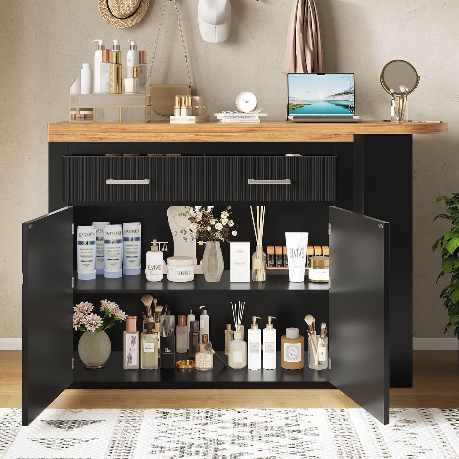 KOMHTOM Table de Bar Extensible avec Espace de Rangement, Meuble Bar avec 2 Portes en Verre, Rotation Libre à 360 °, étagères latérales (Noir-3) – Image 7