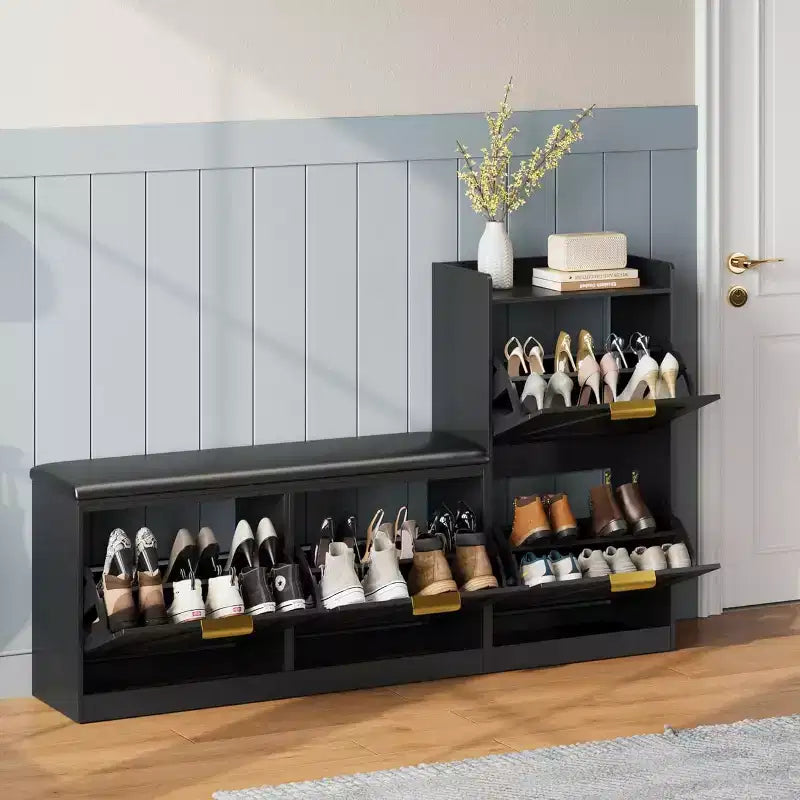 Shoe Storage Cabinet with Bench & 4 Flip Drawers - Narrow Entryway Organizer for 35-40 Pairs – Image 14
