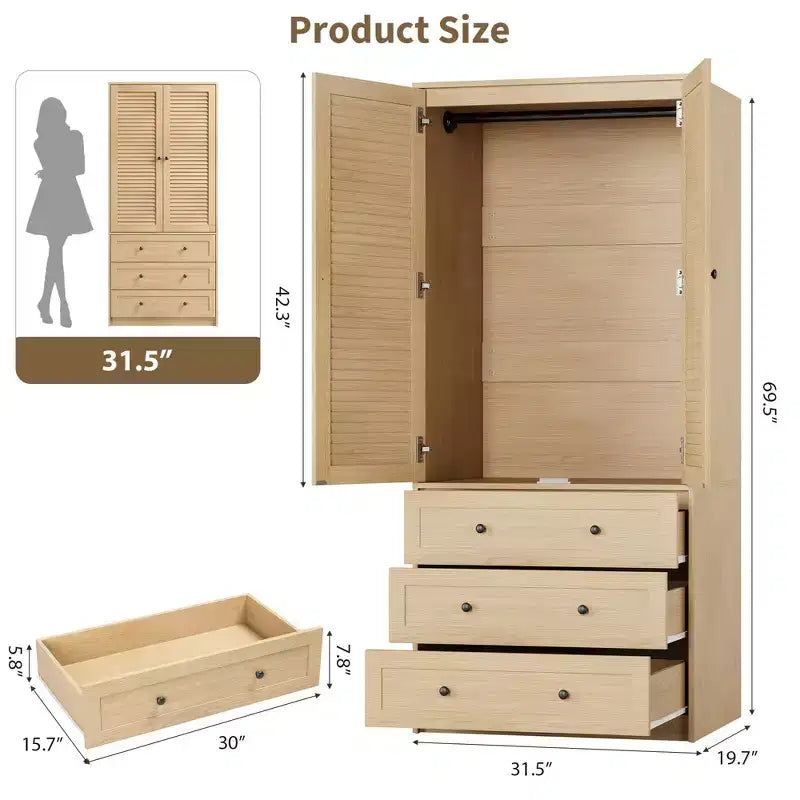 COZONY Armoire Wardrobe with 3 Drawers & 2 Doors, Modern Wooden Closet Cabinet for Bedroom, Heavy Duty White Standing Armoire – Image 23