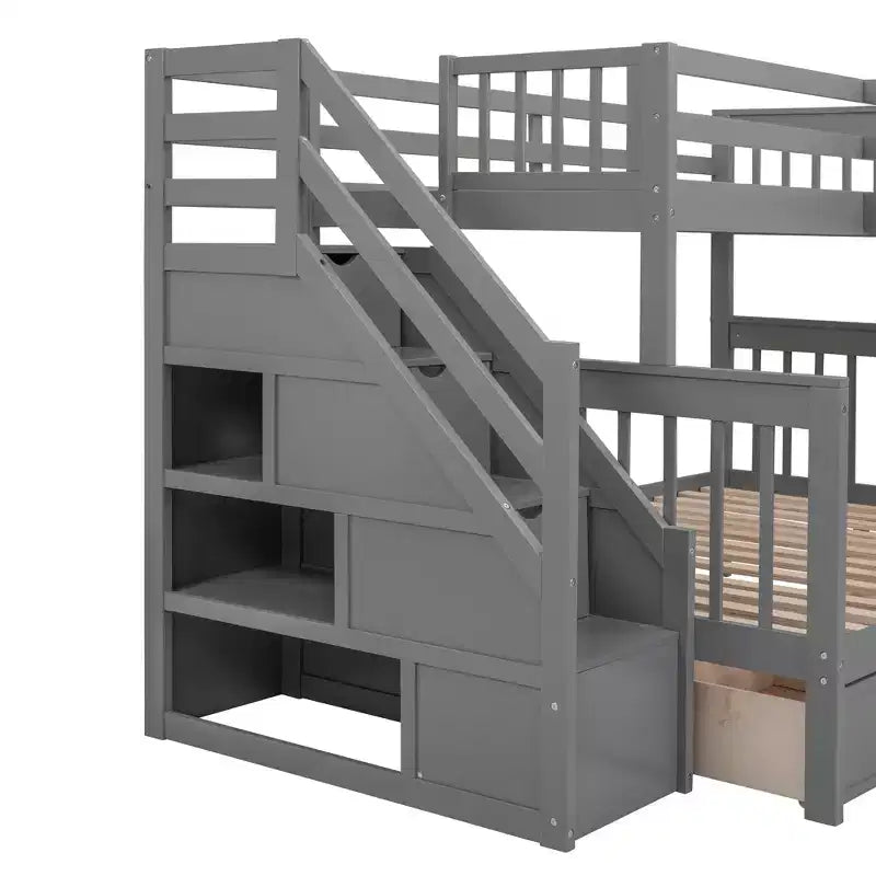 Whisen Modern Design Twin over Full L-Shaped Bunk Bed With 3 Drawers, Portable Desk and Wardrobe – Image 53