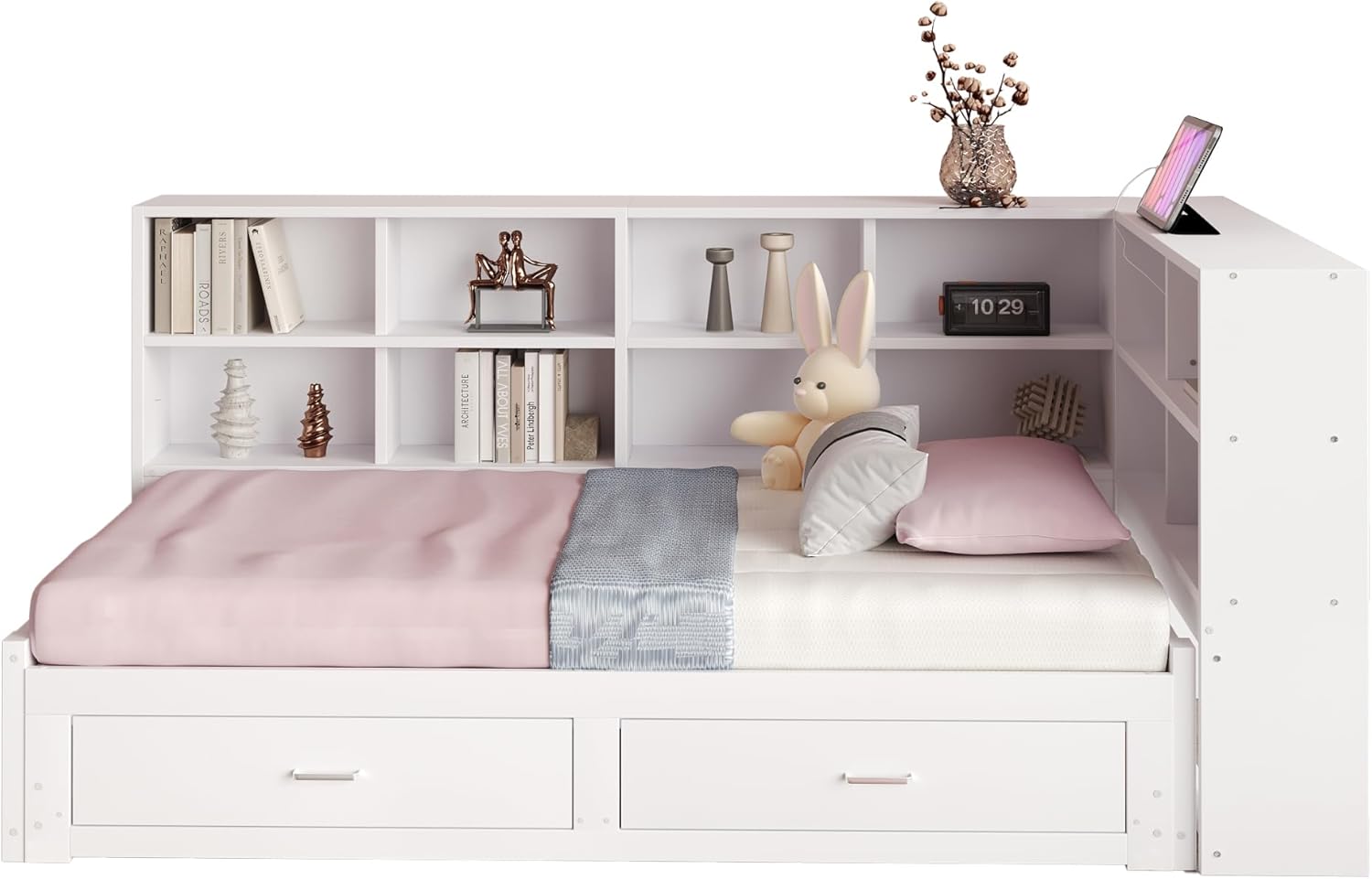 Lit Gigogne 90x190 cm + 180x190 cm - Lit en Bois avec Rangement et Prise Intégrée, Structure Pin et MDF, Matelas Non Inclus - Blanc – Image 6