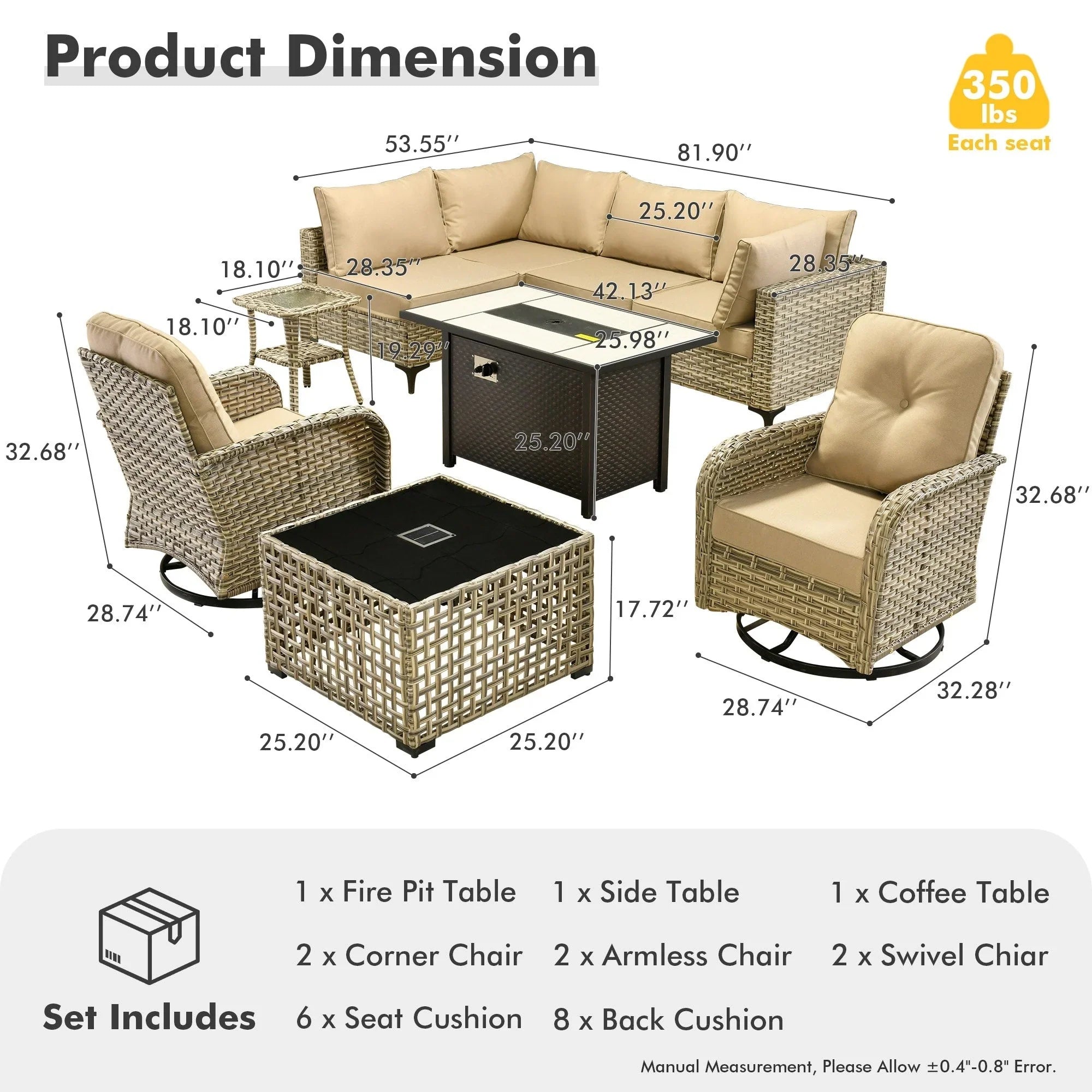 OVIOS 9 Pieces Outdoor Wicker Swivel Chair Set With Fire Table – Image 3
