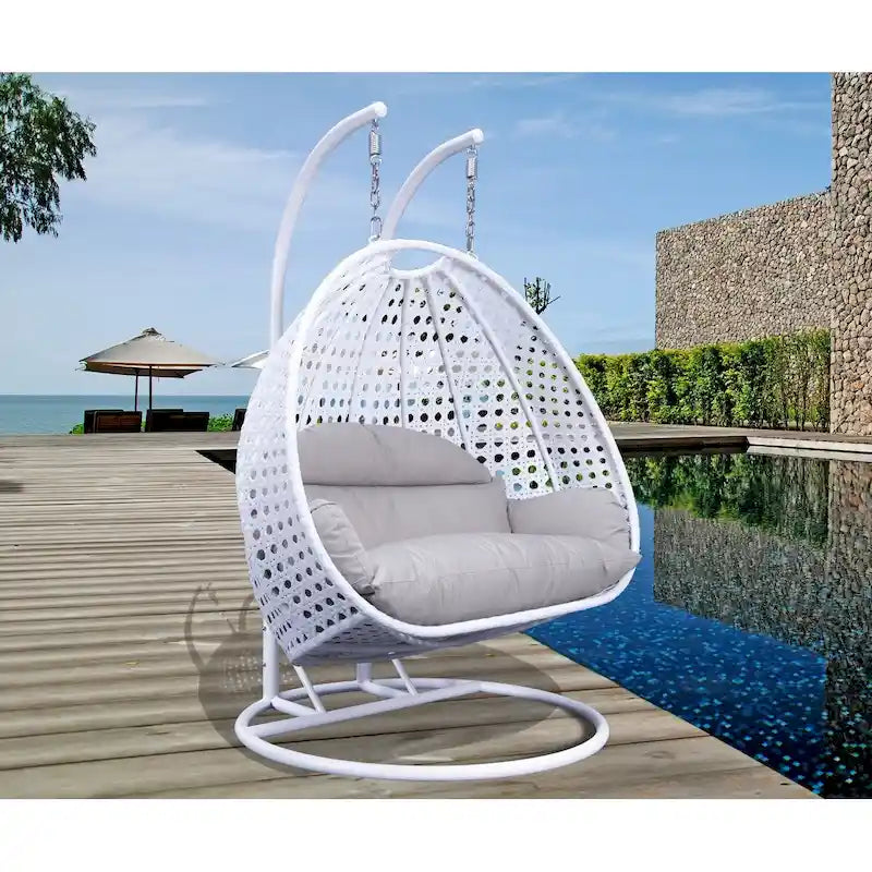 LeisureMod 2 Person Hanging Egg Chair with Stand - Outdoor/Indoor Rattan Wicker Patio Swing Hammock Lounger with Cushions – Image 37