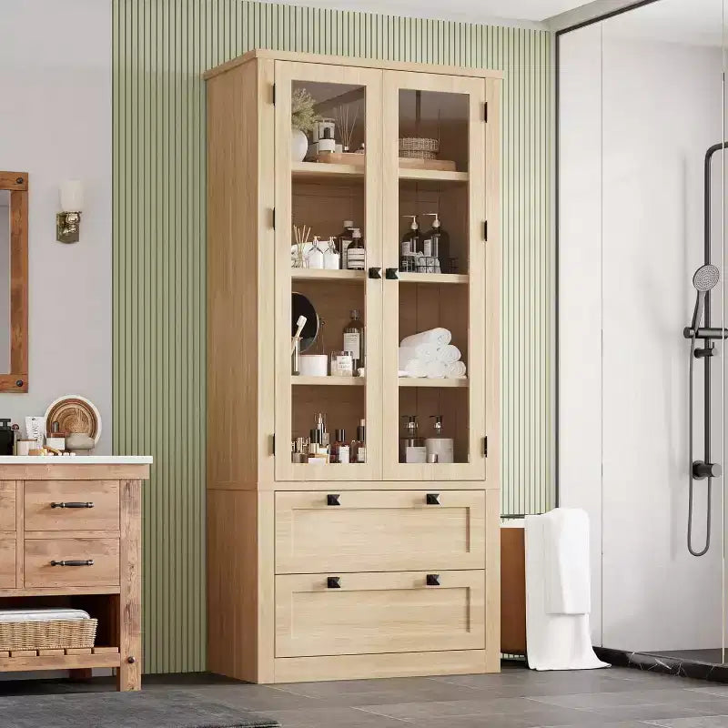 Farmhouse Kitchen Pantry Cabinet with Glass Doors, 72in Storage Cupboard with Drawers and Adjustable Shelves for Dining Room Bathroom Living Room – Image 16