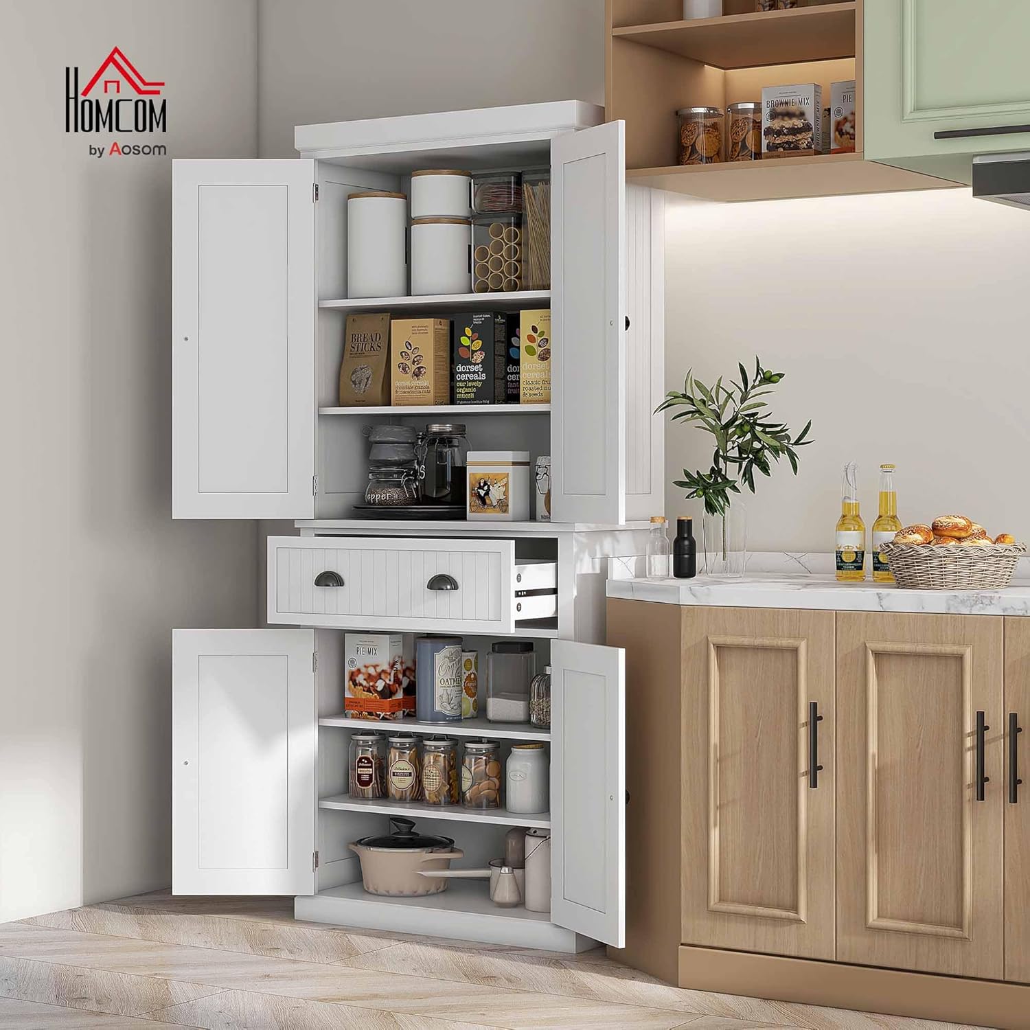 HOMCOM Armoire de Cuisine Buffet Cuisine Style Moderne vaisselier avec placards à Portes, étagères réglables et tiroir, Meuble de Rangement pour Salle à Manger, Salon, 76,2 x 40,2 x 183 cm, Blanc – Image 2