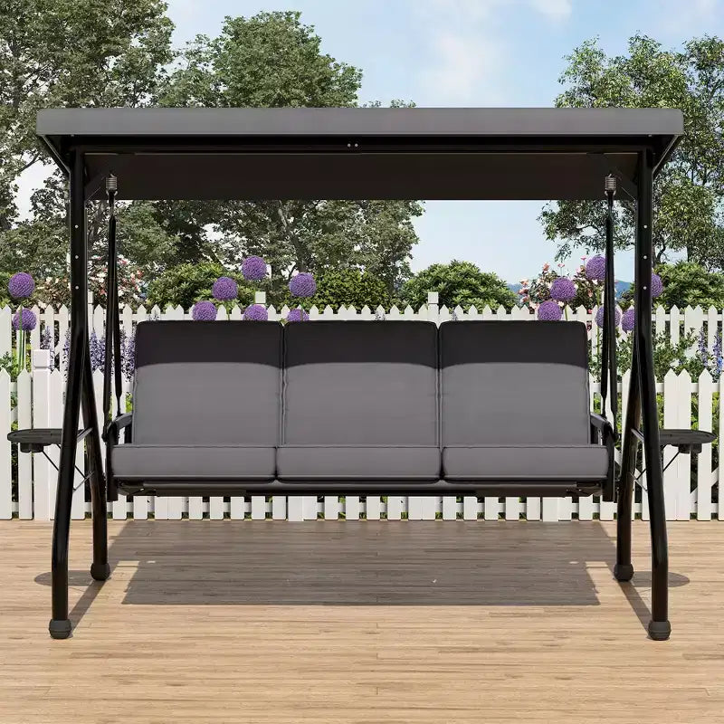 Coolmee 3 Seat Outdoor Porch Swing, 2-in-1 Patio Swing Chair with Thickened Removable Cushions, Weather Resistant Steel Frame for Backyard, Garden – Image 3