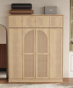 70.87Tall 8-Door Large Capacity Armoire Wardrobe Closet with Hanging Rod, Adjustable Shelves and Rattan Decorative Doors