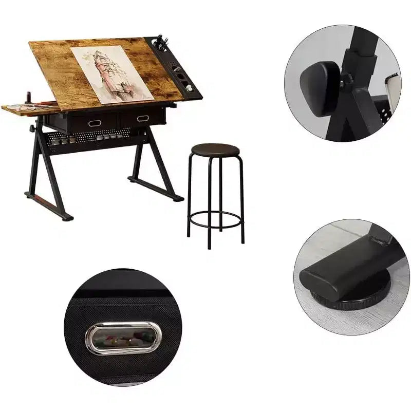 Height Adjustable Drafting Table with Stool,0-75 Tilting Drawing Desk&2 Storage Drawers,Artist Workstation for Painting,Crafting,Writing & Sketching – Image 7