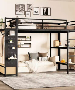 Full/Queen Size Metal Loft Bed Frame, All-In-One with Wardrobe, Storage Shelves & Pegboard, Black - ModernLuxe