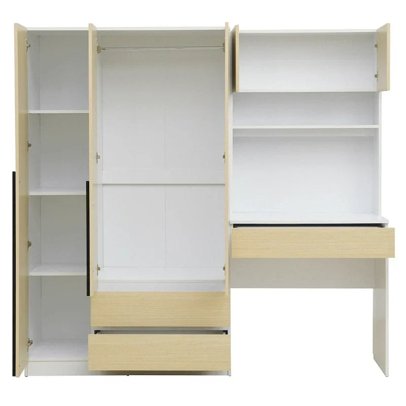 3-in-1 Wardrobe Closet with Vanity Desk, Desk Set, Bedroom Armoire with 2 Drawers 3-Door Storage Desk Wardrobe – Image 19