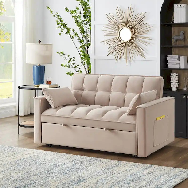 4 in1 Loveseat Sofa Bed with Armrests & Storage Pockets, Multi-Function Tufted Pull-out Sofa Bed with Adjustable Backrest – Image 38