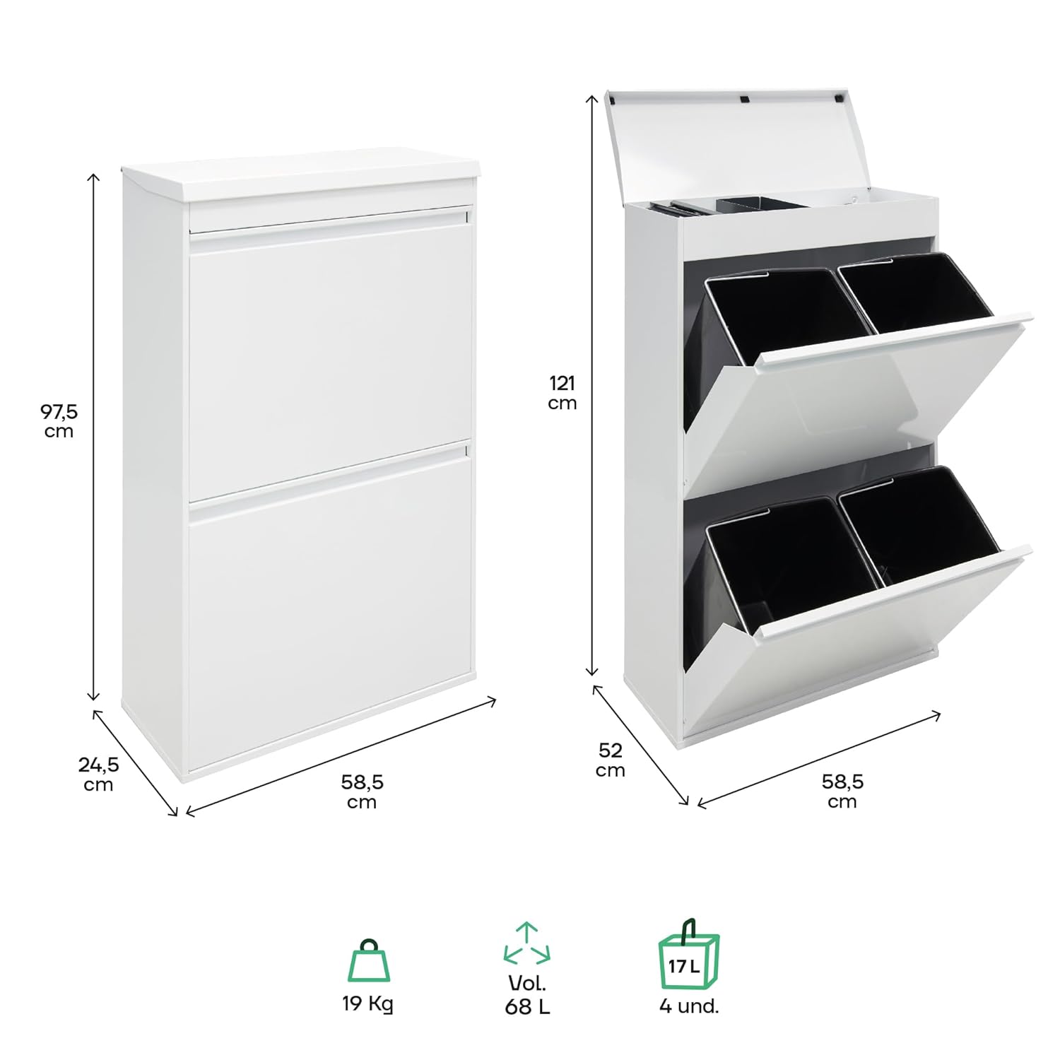 ARREGUI Top CR621-B Poubelle de recyclage en acier, poubelle de tri sélectif, 4 seaux, avec plateau supérieur multifonction, 4 x 17 L (68 L), blanc – Image 5