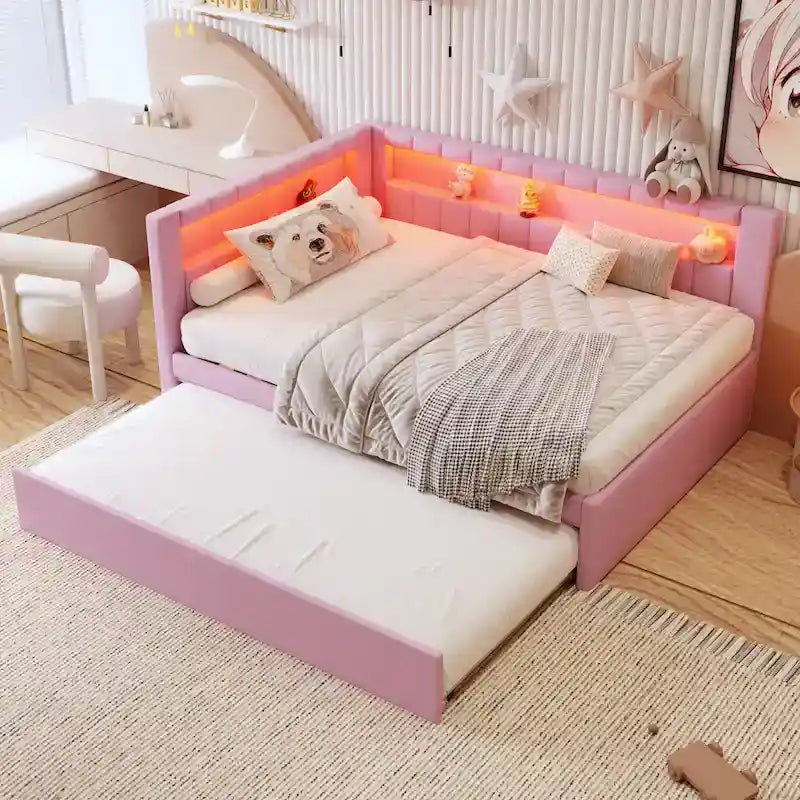 Upholstered Platform Bed with USB Ports & LED Lighting - Full/Twin Size Bed Frame with 2 Storage Drawers - Modern Bedroom – Image 14