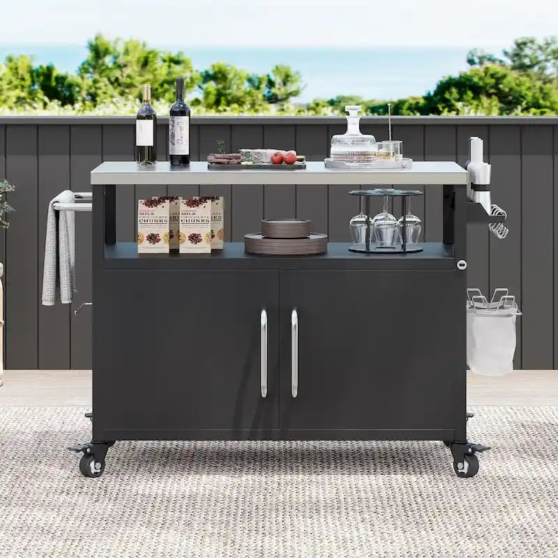 Outdoor Kitchen Island With Stainless Steel Tabletop,Metal Grill Cart Table With Storage Cabinet - N/A – Image 2