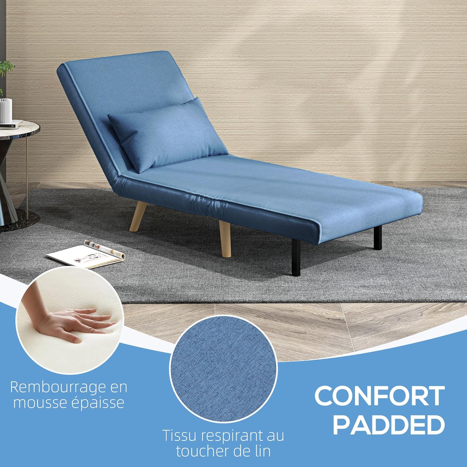 HOMCOM 3 en 1 Fauteuil Convertible 1 Place, Fauteuil lit et chauffeuse - Dossier inclinable 5 Niveaux et Oreiller Inclus, siège rembourré - pour Bureau, Salon, Chambre à Coucher, Bleu – Image 6