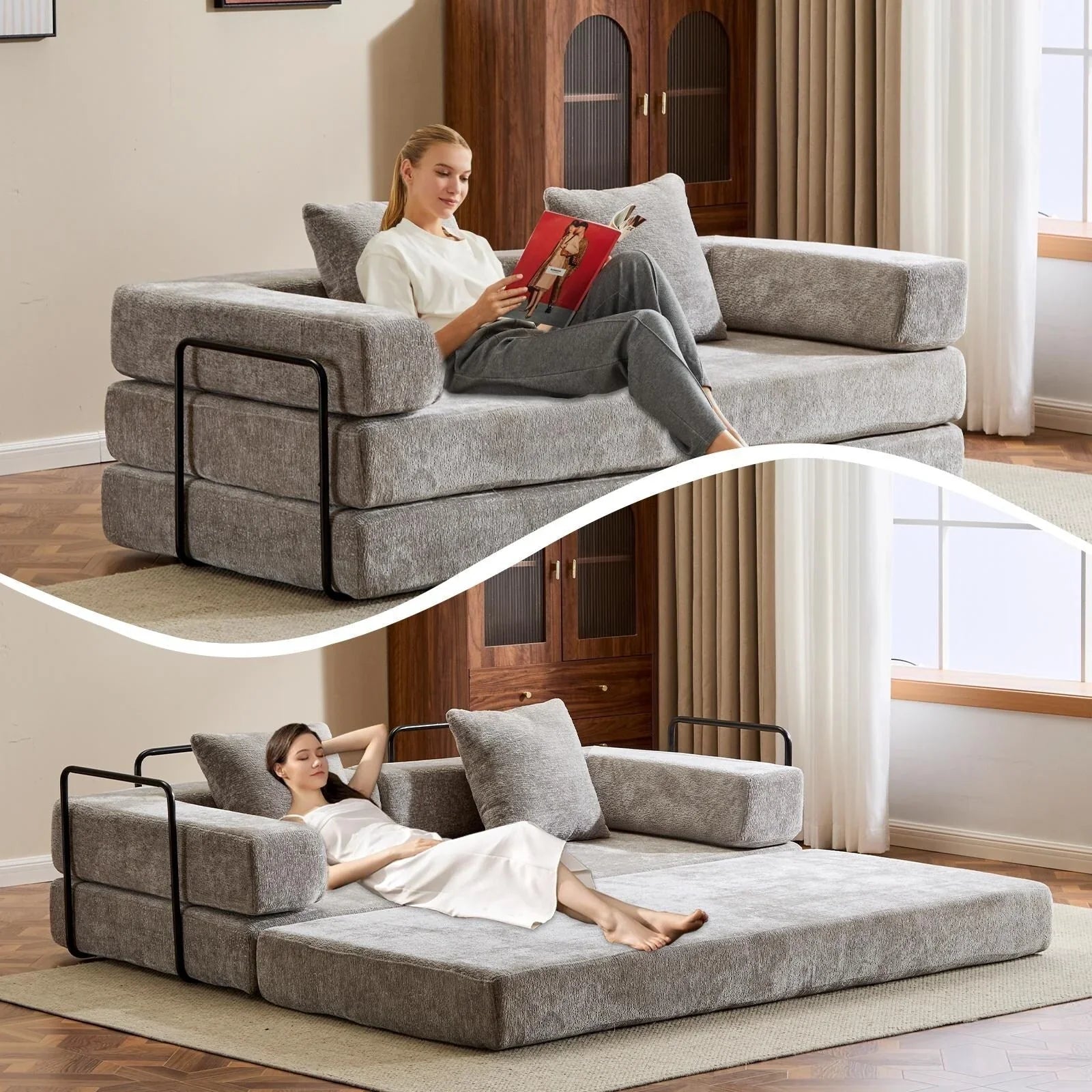 Convertible Floor Sofa Bed with Pillow Back Chenille Fabric for Living Room Bedroom – Image 12
