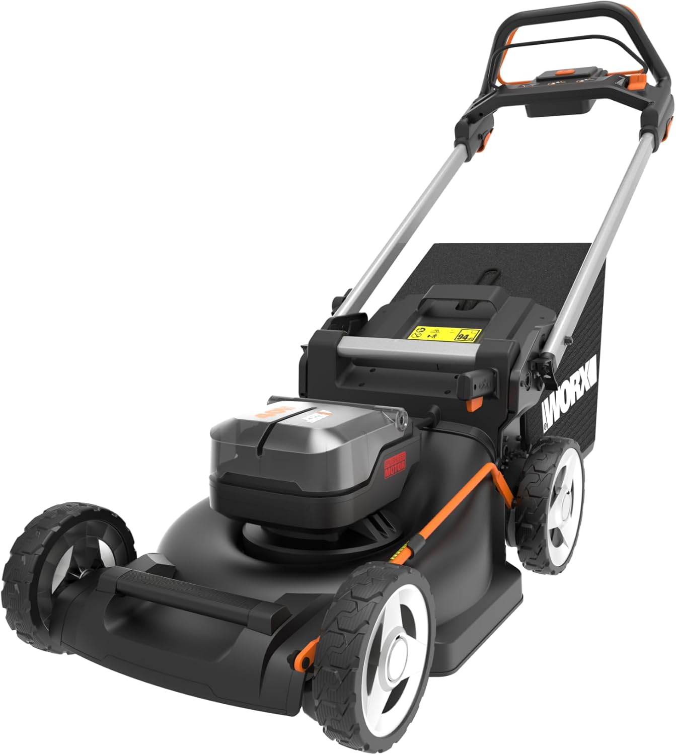 WORX Tondeuse à Gazon tractée Brushless sans Fil 40V WG749E, jusqu'à 500m² sur Une Charge, diam. 46cm, Coupe jusqu'aux Bordures, Sac de 55 L, Mulching, livée avec 2 Batteries 4Ah et Chargeur