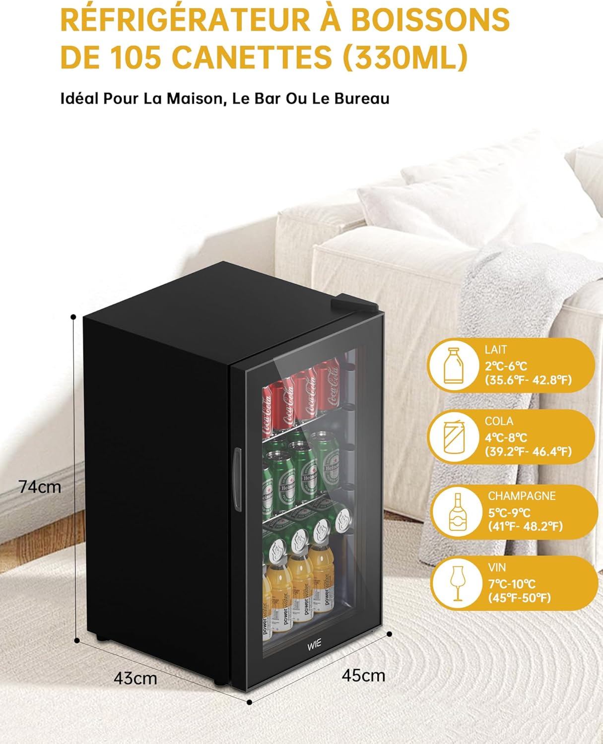 WIE Réfrigérateur à Boissons 70L Mini Réfrigérateur avec Double Porte Vitrée Petit Frigo Silencieux à Bière Intérieur Extérieu 105 Cans pour Maison/Cuisine/Bar/Bureau – Image 3