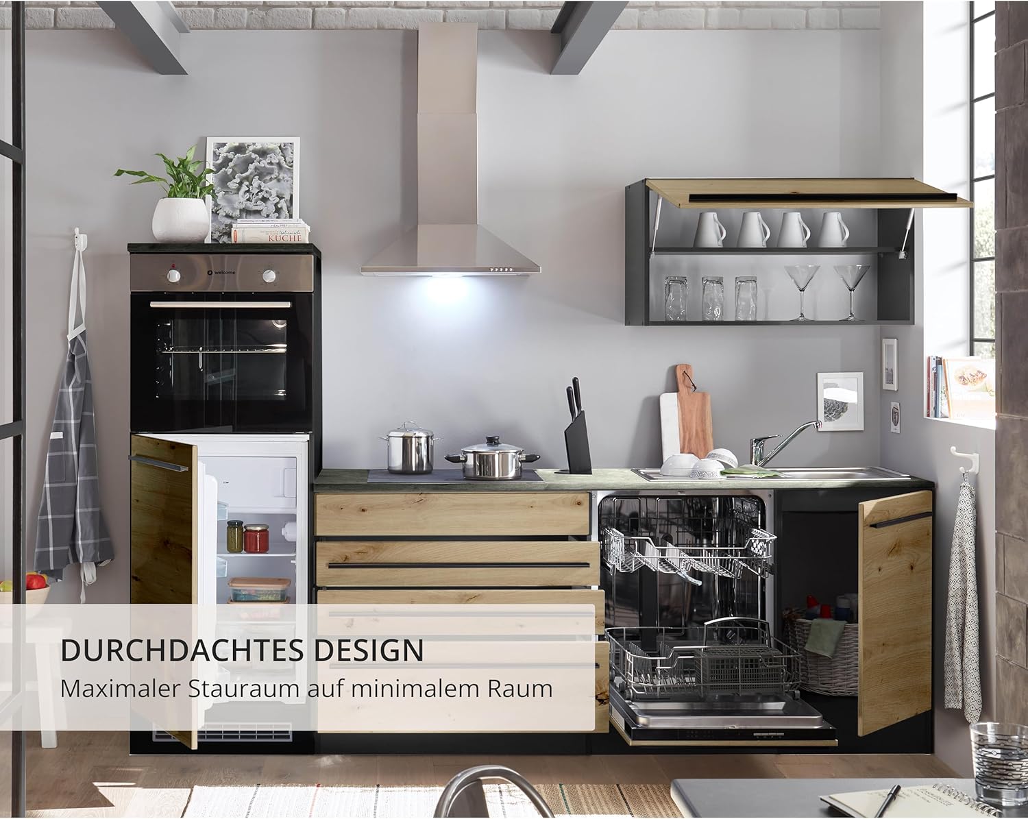 Stella Trading Jazz 6 Cuisine Moderne sans électroménager, Anthracite, Aspect chêne Artisan - Cuisine intégrée spacieuse avec Beaucoup de Rangement - 260 x 200 x 60 cm L/H/P – Image 6