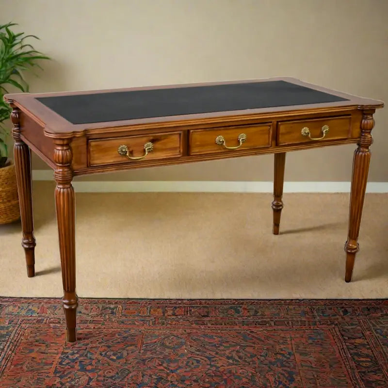 Dark Brown / Light Brown Victorian-Style Solid Mahogany Desk with Black Leather Top and 3 Drawers – Single Unit – Image 3