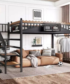 ModernLuxe Twin XL/Full/Queen Size Metal Loft Bed with Storage Stairs & Shelves, Heavy-Duty Loft Bed Frame, Black