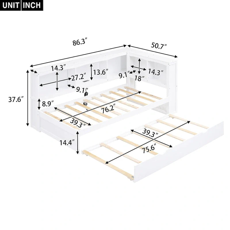 Twin Size Daybed with Trundle, Storage Cabinets and USB Ports