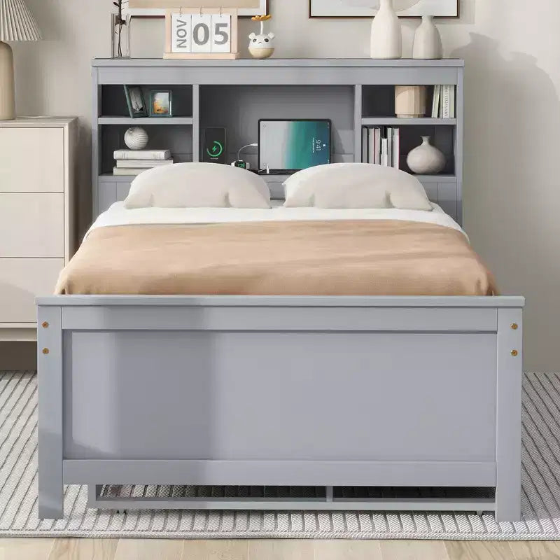 Platform Bed with Trundle and Drawers, Storage Platform Bed with USB, Wood Platform Bed with Bookcase – Image 5
