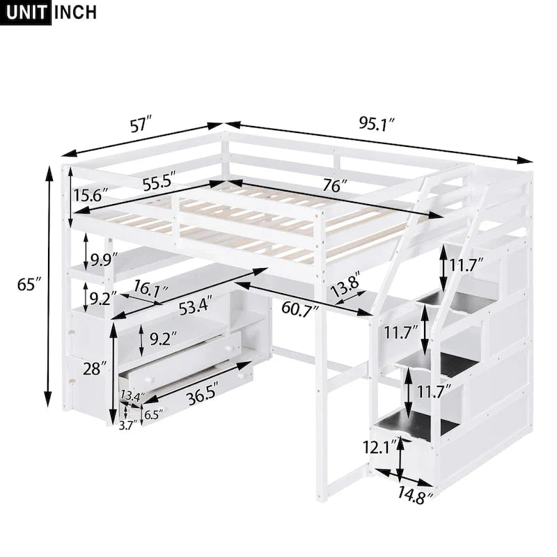 Full Size Loft Bed with Desk and Shelves, Two Built-in Drawers, Storage Staircase, Gray – Image 5
