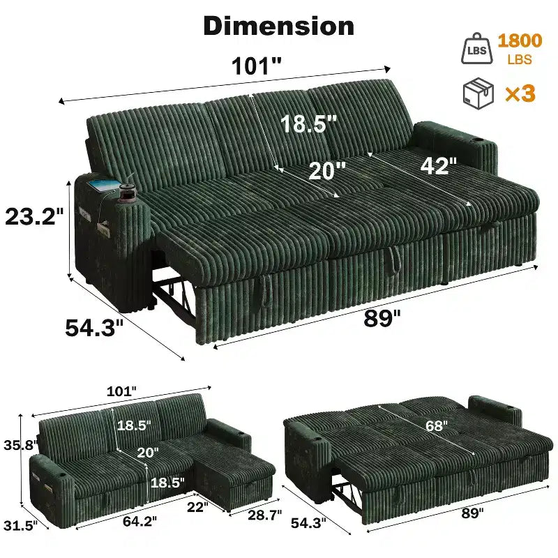 L-Shaped Sectional Sleeper Sofa with Pull-Out Bed, USB Ports & Storage – Image 24