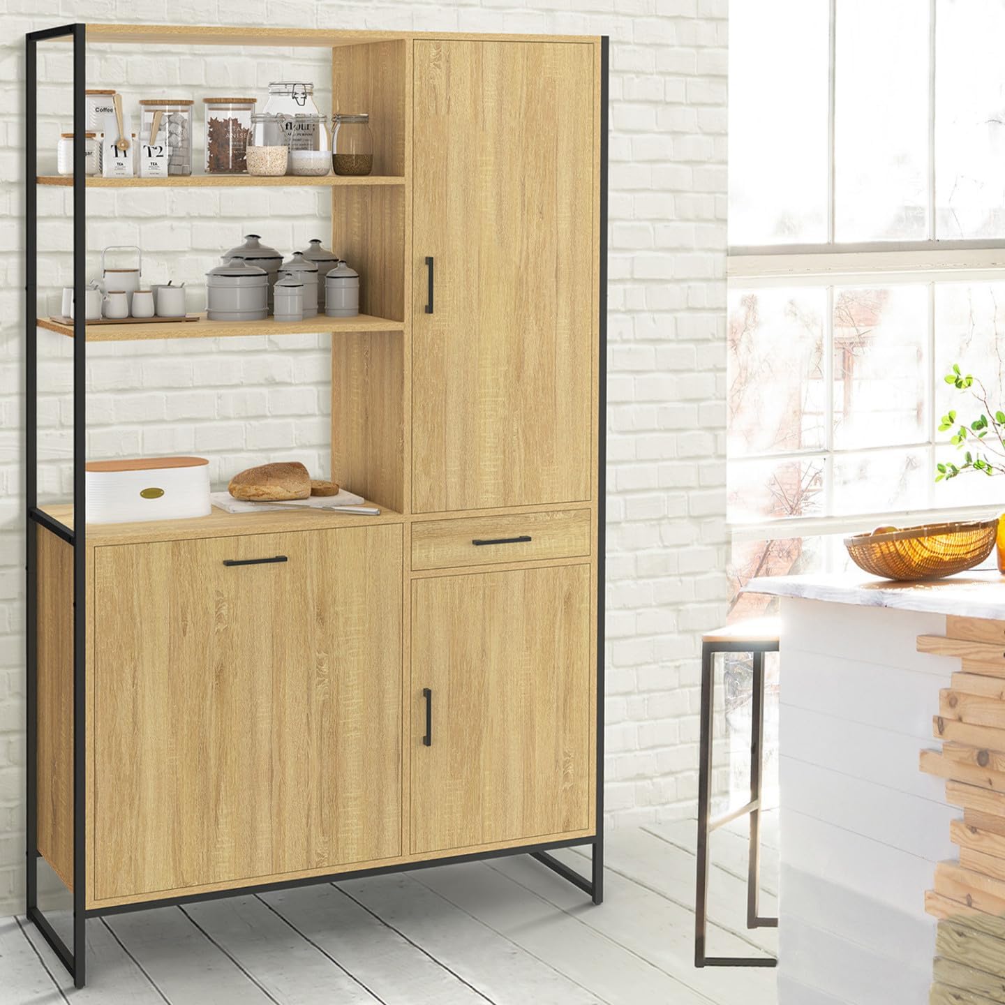 IDMarket - Buffet de Cuisine avec Colonne de Rangement 100 CM Detroit 3 Portes + tiroir Design Industriel – Image 2
