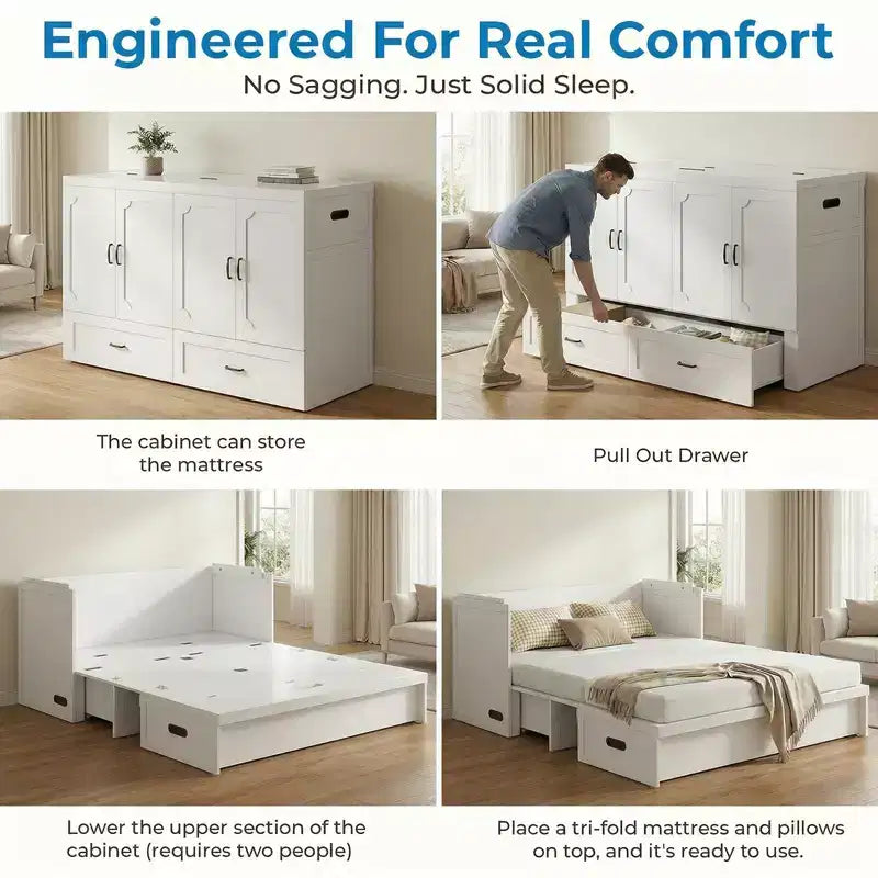 Mjkone Queen Size Convertible Murphy Cabinet Bed with Mattress, USB Charging, Storage Drawers – Image 25