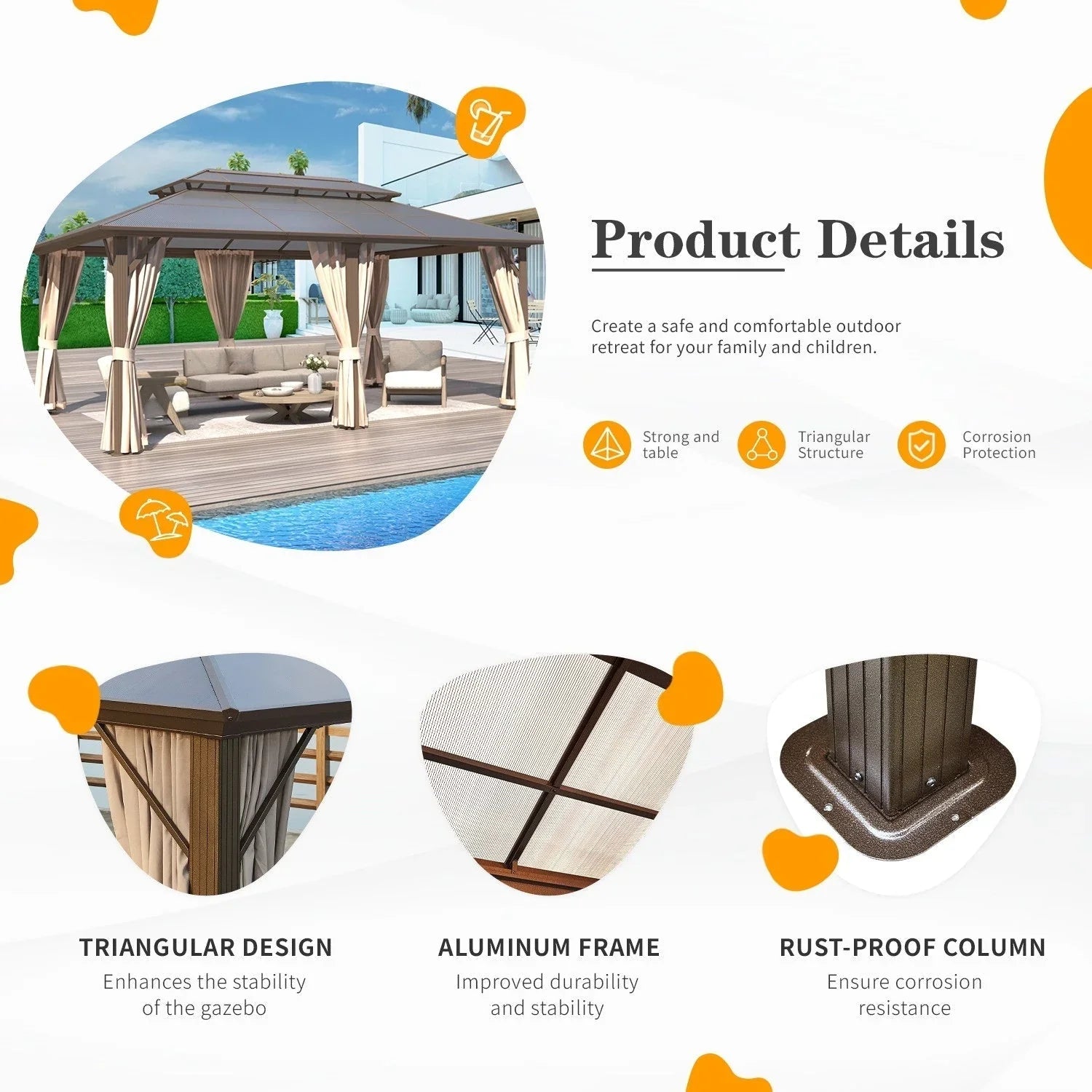 EROMMY Hardtop Gazebo,Outdoor Pergola with Double Roof & Netting & Curtains,Heavy Duty Canopy for Patio, Backyard, Pool party – Image 98