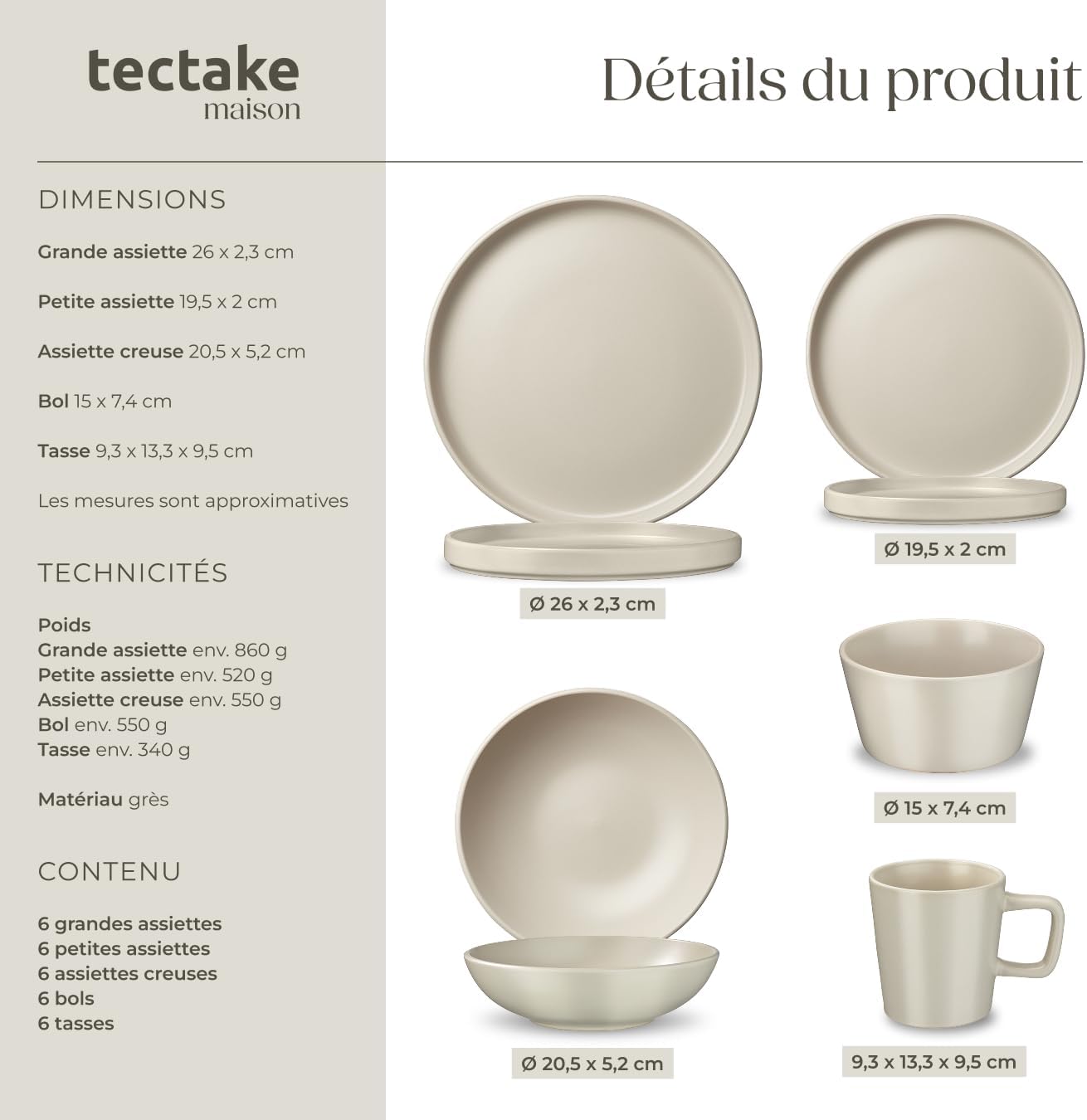 tectake® Set de cuisine 45 pièces, Service de table 6 personnes et Batterie de cuisine, Poêles, Casseroles, Assiettes plates, Assiettes creuses, Bols, Tasses, Louche, Spatule, Vaisselle en grès – Image 5