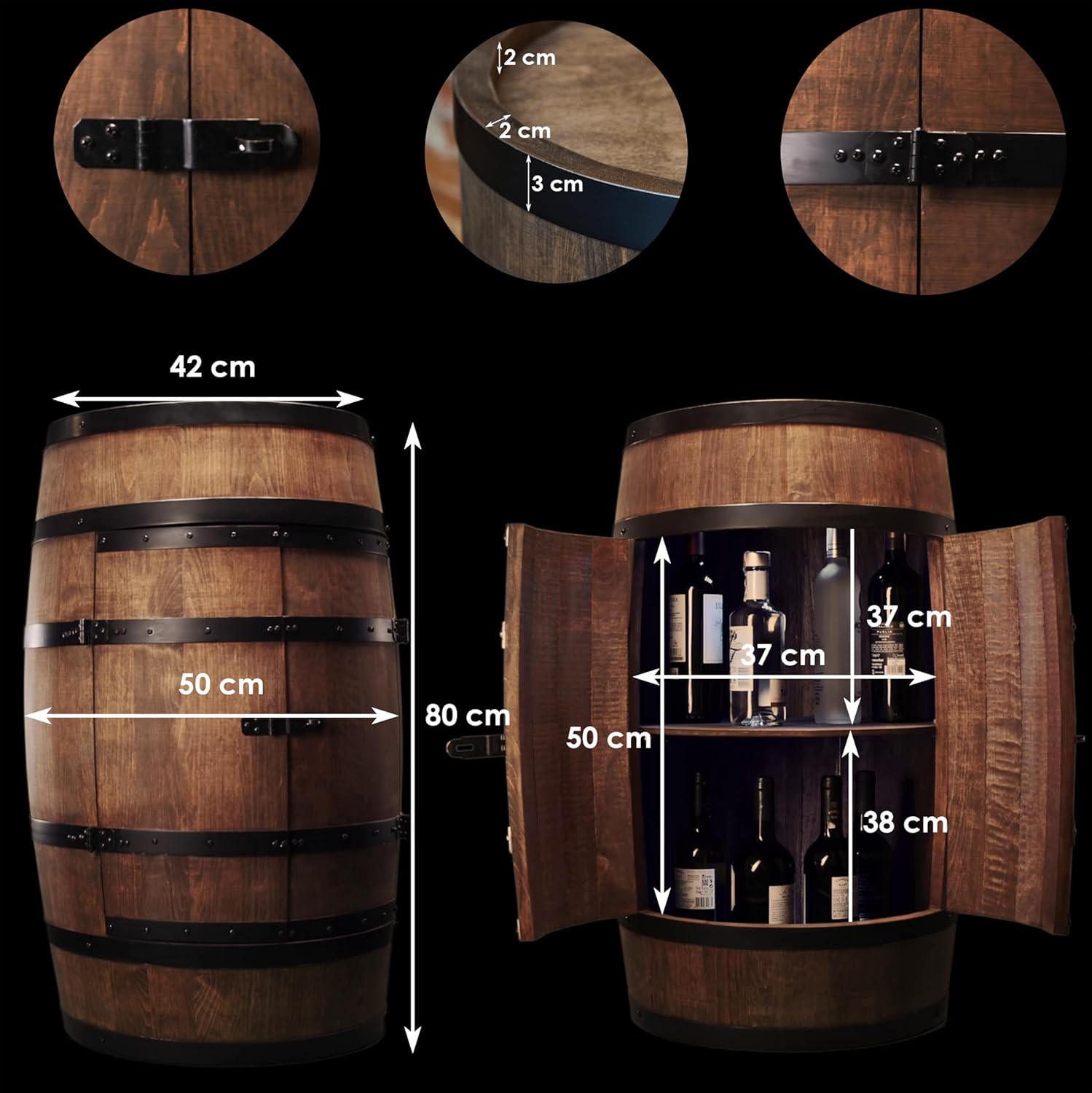 CREATIVE COOPER Tonneau à vin avec Porte - Armoire à Alcool - Étagère à Bouteilles en Bois - Baril en Bois - Vin Rack - Wineregal - Bar à vin - Baril avec Porte - minibar de 80 cm (wengé) – Image 3