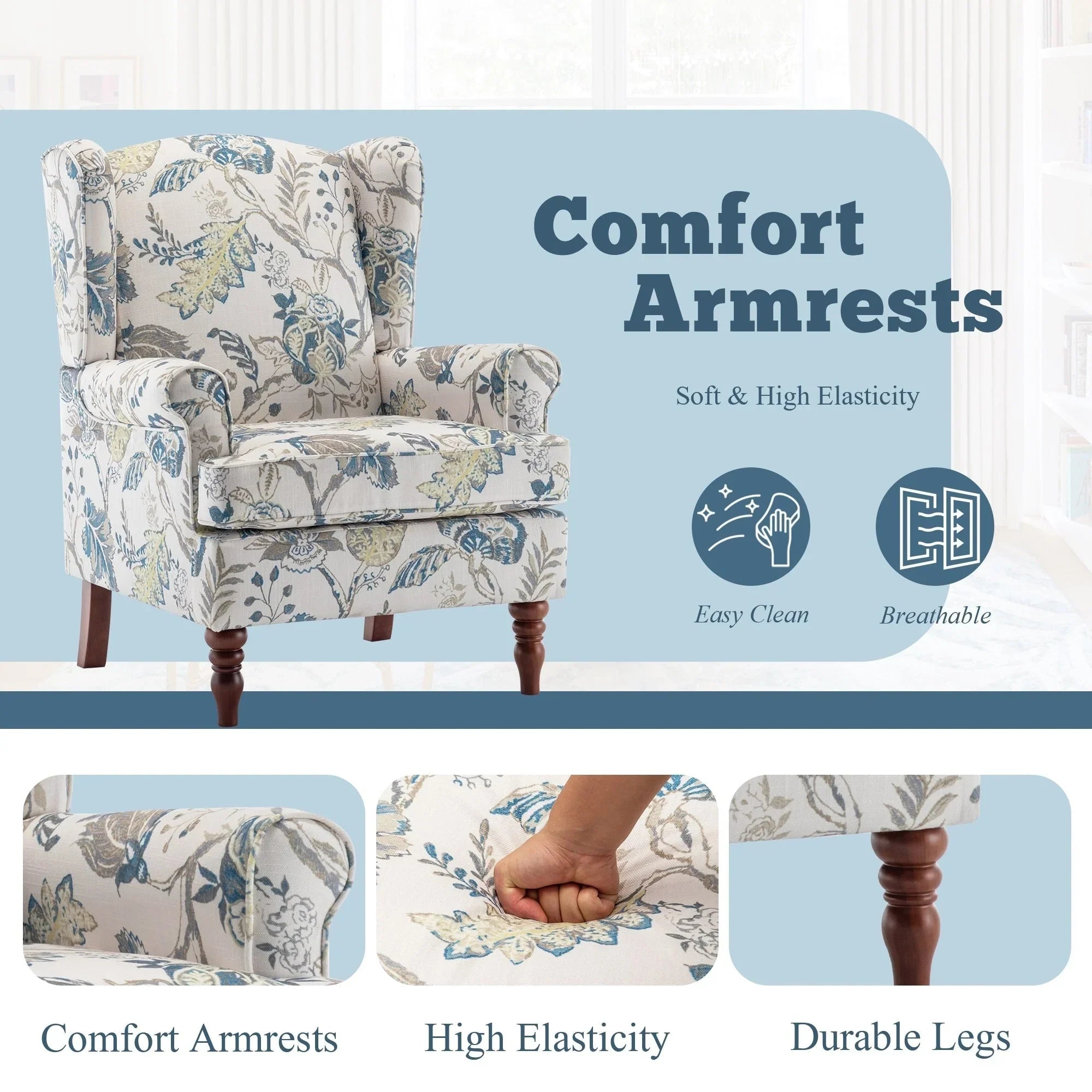 Erommy Modern Accent Chair, High Back Armchair, Upholstered Fabric Button Single Sofa with Wooden Legs for Living Room – Image 111