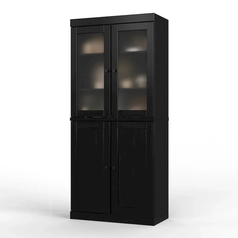 100% Solid Wood Pantry Cabinet with Frosted Glass Doors, Solid Doors, 2-Drawers and Adjustable Shelves – Image 35