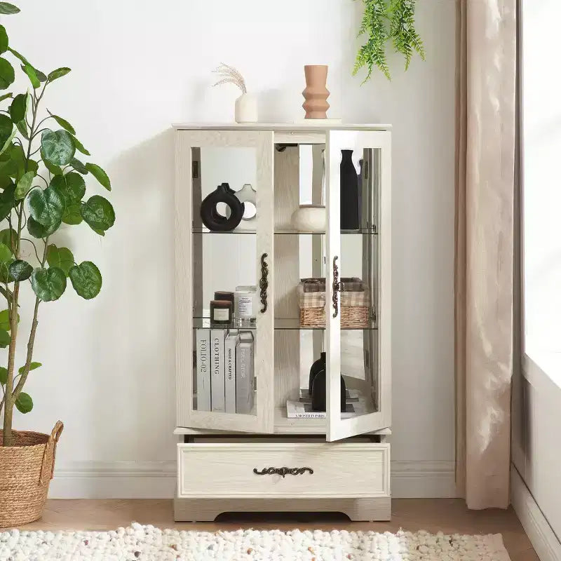 Lighted Glass Curio Cabinet with Adjustable Shelves - Elegant 2-Door Display Cabinet & Built-in Drawer, Includes Bulb – Image 39