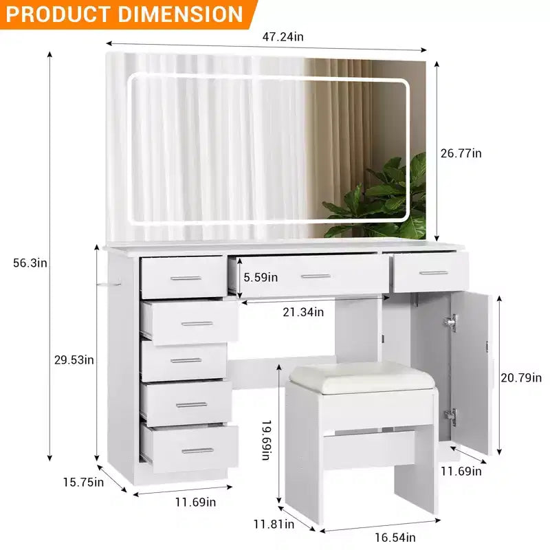 Modern Vanity Desk with Large Mirror, 7 Drawers, LED Lights, Chair, 3 Light Modes, Hair Dryer Holder and Charging Station for Bedroom – Image 4