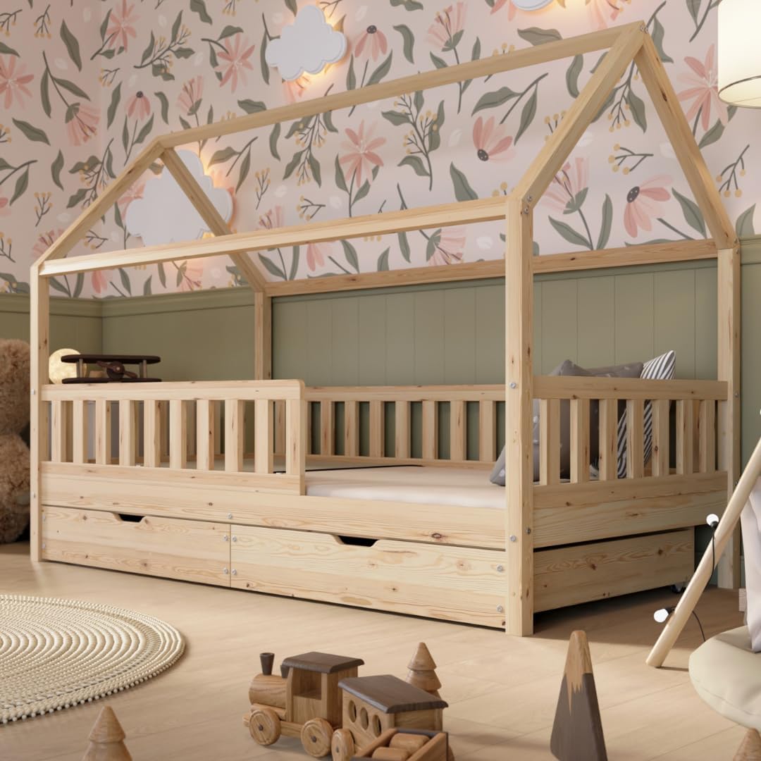 Crazy Blanco Lit de maison avec tiroirs, 90 x 190 cm, en bois naturel, avec protection anti-chute, design scandinave, lit de sol Montessori avec espace de rangement supplémentaire