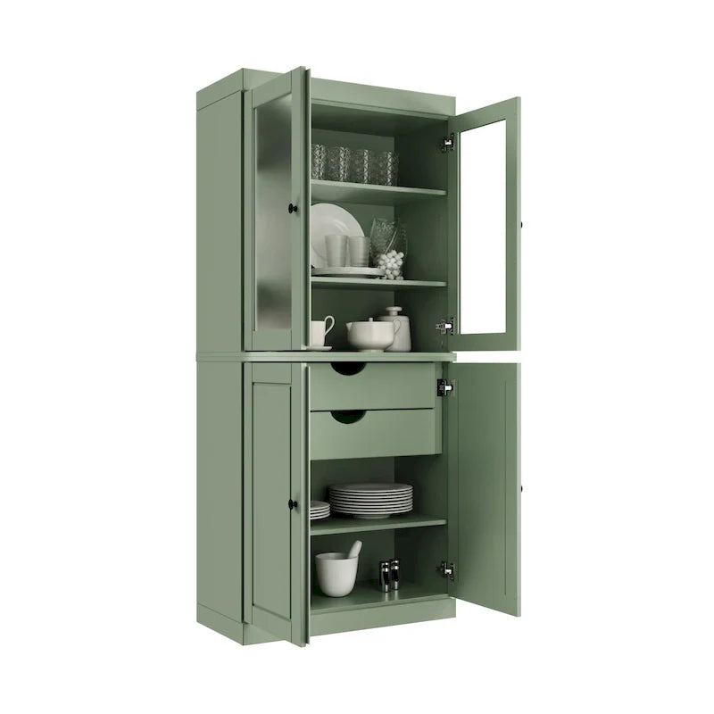 100% Solid Wood Pantry Cabinet with Frosted Glass Doors, Solid Doors, 2-Drawers and Adjustable Shelves – Image 7