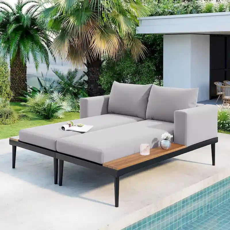 Outdoor Daybed Patio Metal Sun Lounger, 2 in 1 Padded Chaise Lounges, Garden Outdoor Chaise Lounges, Poolside Sunlounger – Image 9