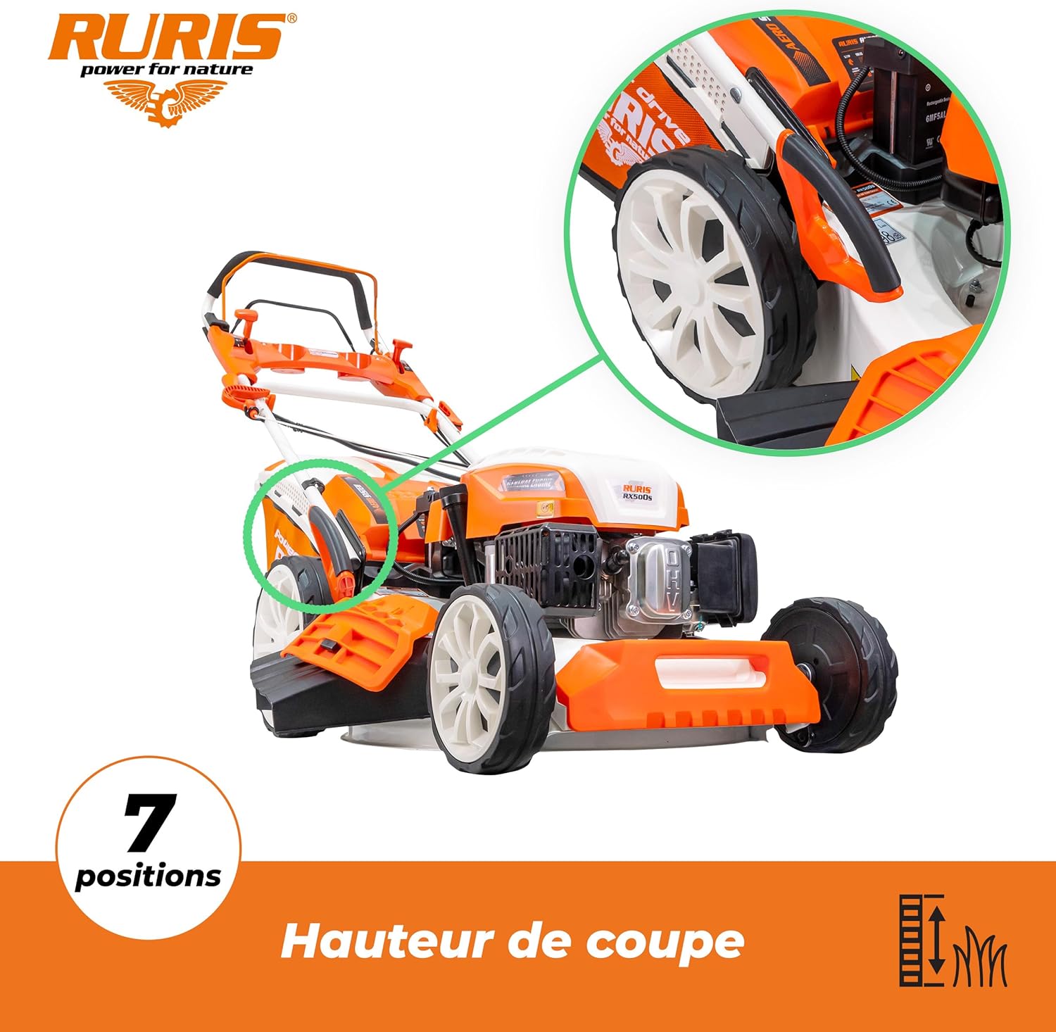 RURIS POWER FOR NATURE Tondeuse à Gazon Thermique 5 en 1 Mulching 5,7 CV 196cc RX500S, Orange – Image 4
