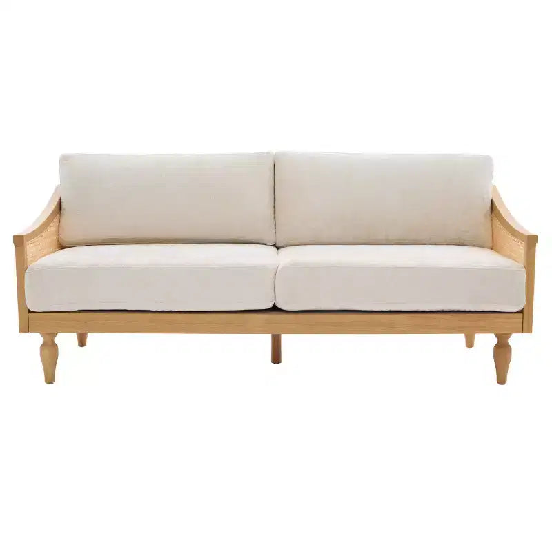 Mid-century Loveseat Sofa with Soft Upholstery, Rattan Armrests & Wooden Legs, 2-Seater Sofa for Living Room, Bedroom, or Apartment-Panipeachy – Image 11